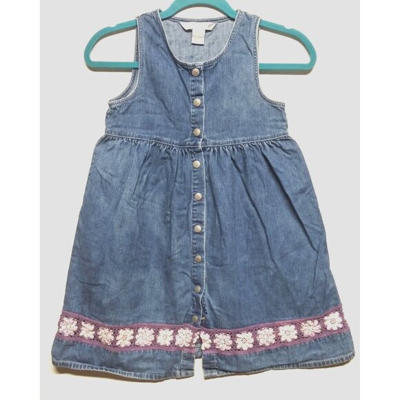 VTG Denim Dress Jumper Girls Sz L crochet floral lace button front fit flare EUC